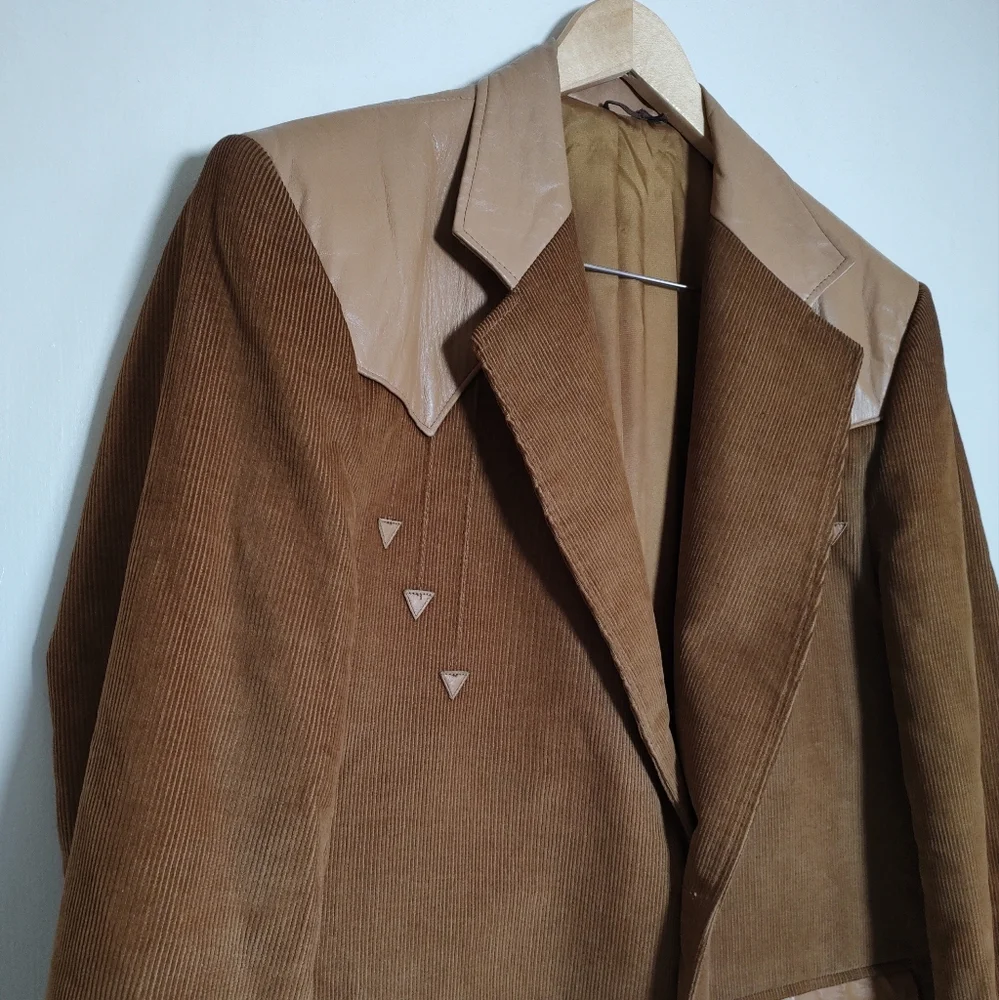 Vintage Pioneer Wear Camel Brown Corduroy Blazer with Tan Leather Accents